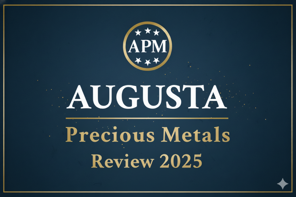 Augusta Precious Metals Review 2025 — featured image showing company logo with navy and gold background, gold bars, and review summary."
